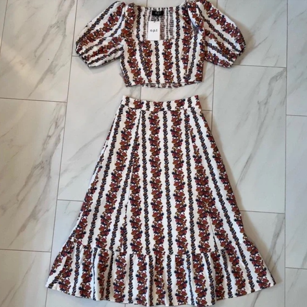 Anthropologie 2 piece set, crop top + midi skirt floral/pomegranate